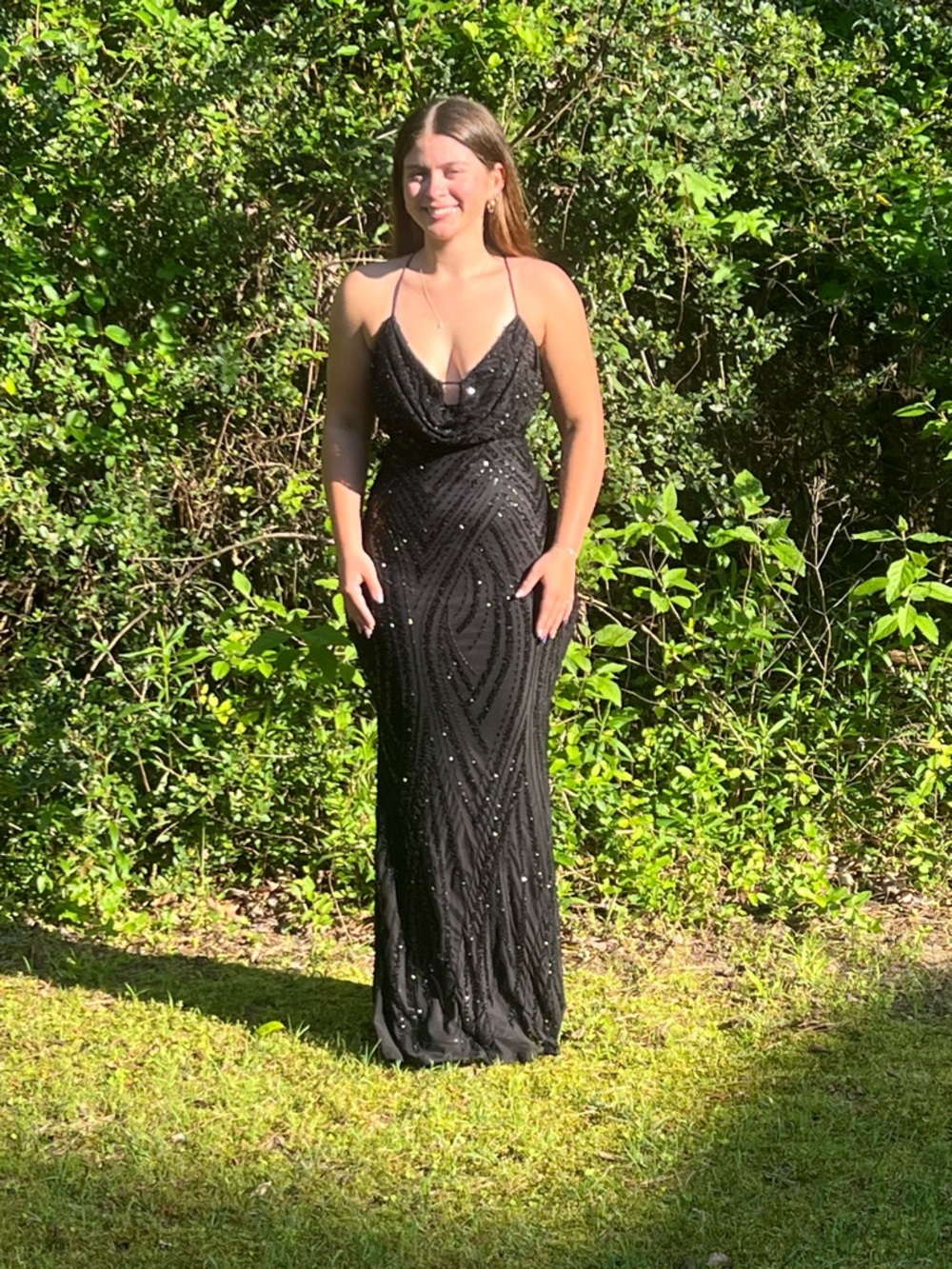 Black Sequin Cowl-Neck Evening Gown